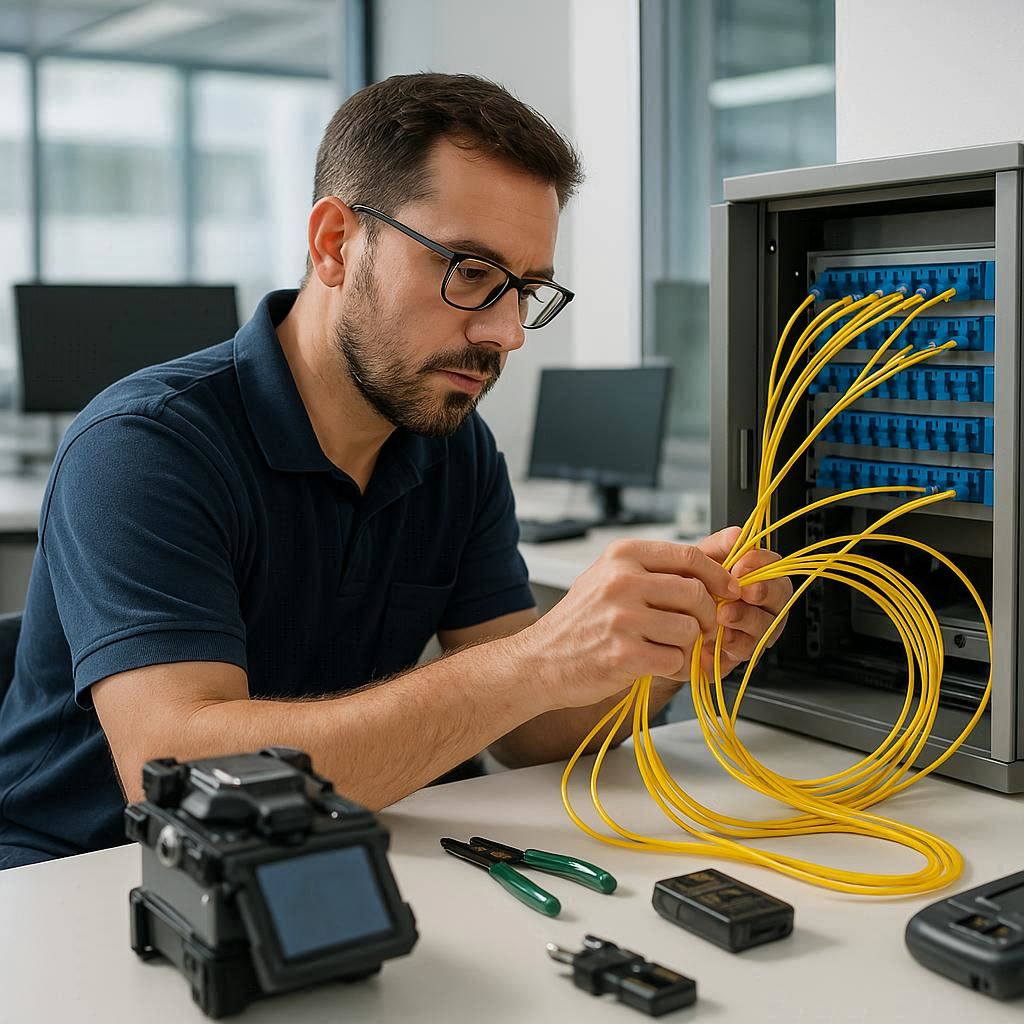 Man completing a fiber and structured wiring job